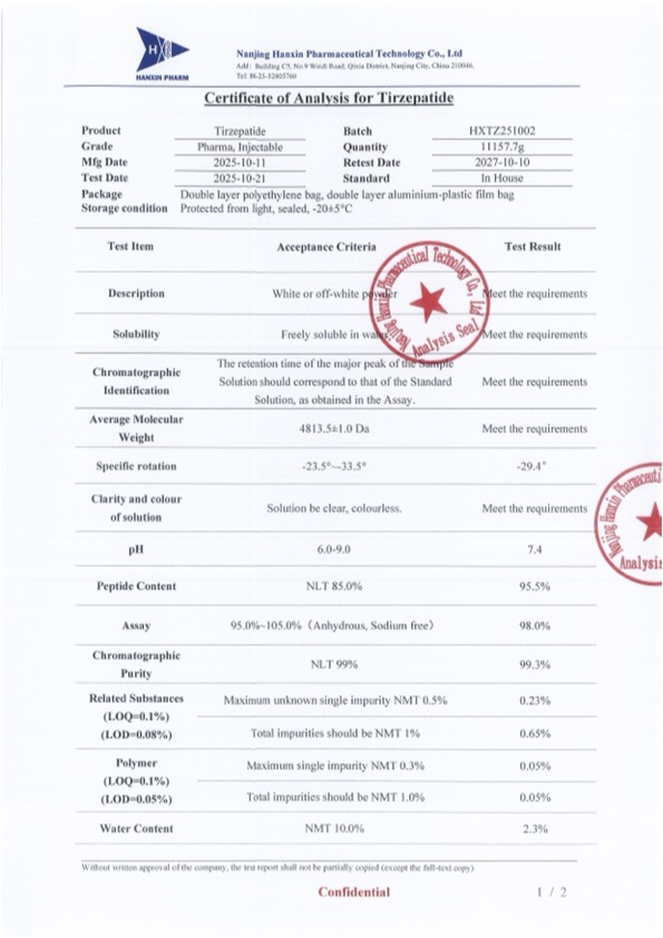Sublingual Tirzepatide Certificate of Analysis Page 1